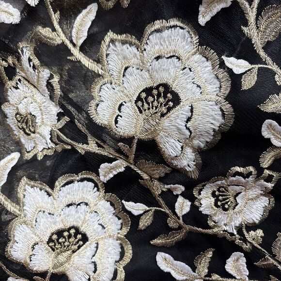 David Meister Floral Embroidered Midi Dress 6 Black White Gold Cocktail Formal - Picture 3 of 13